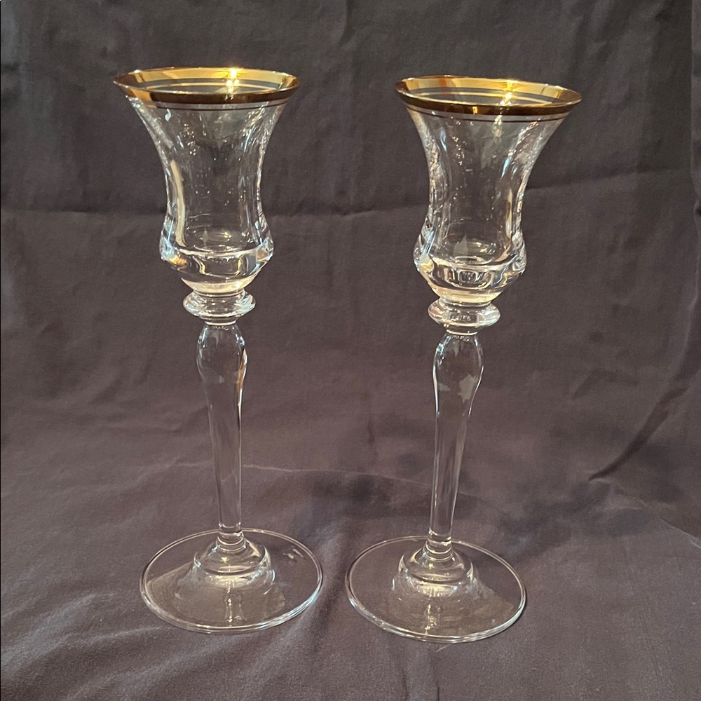 Pair of Clear Glass Candlestick Holders with Gold Rim